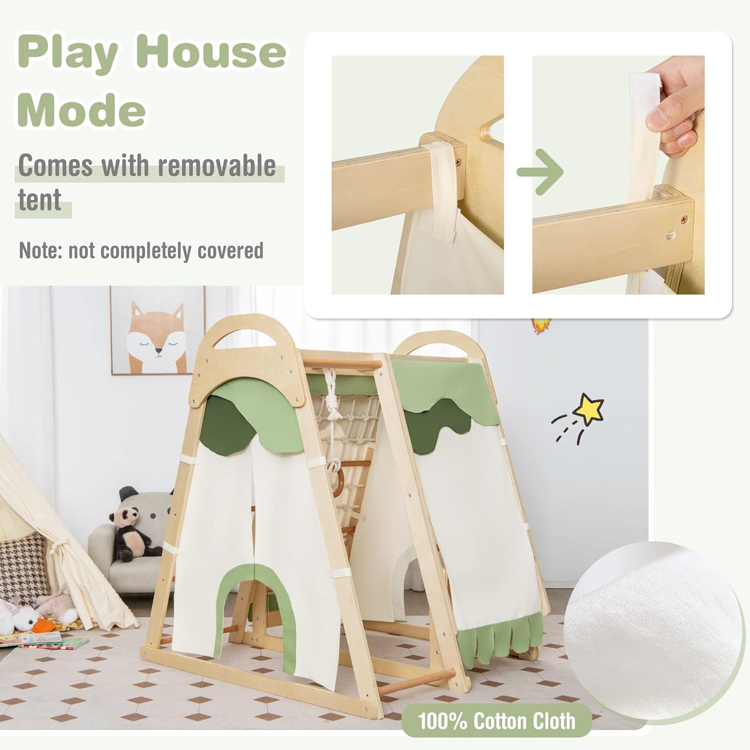 GLACER Indoor Playground, 7-in-1 Toddler Montessori Climbing Toys Playset w/Removable Tent, Slide, Climbing Rock, Net & Ladder, Monkey Bars, Gymnastic Rings, Wooden Indoor Jungle Gym for Kids