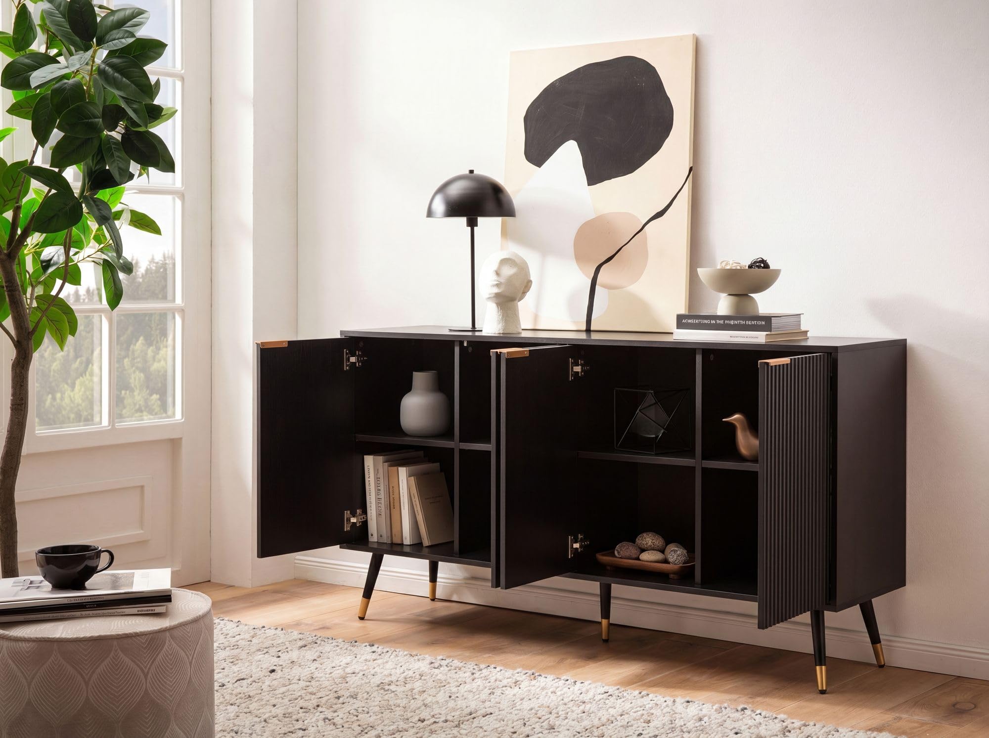 FineBuy Sideboard 150x39x81 cm Schwarz Eiche-Dekor mit Türen