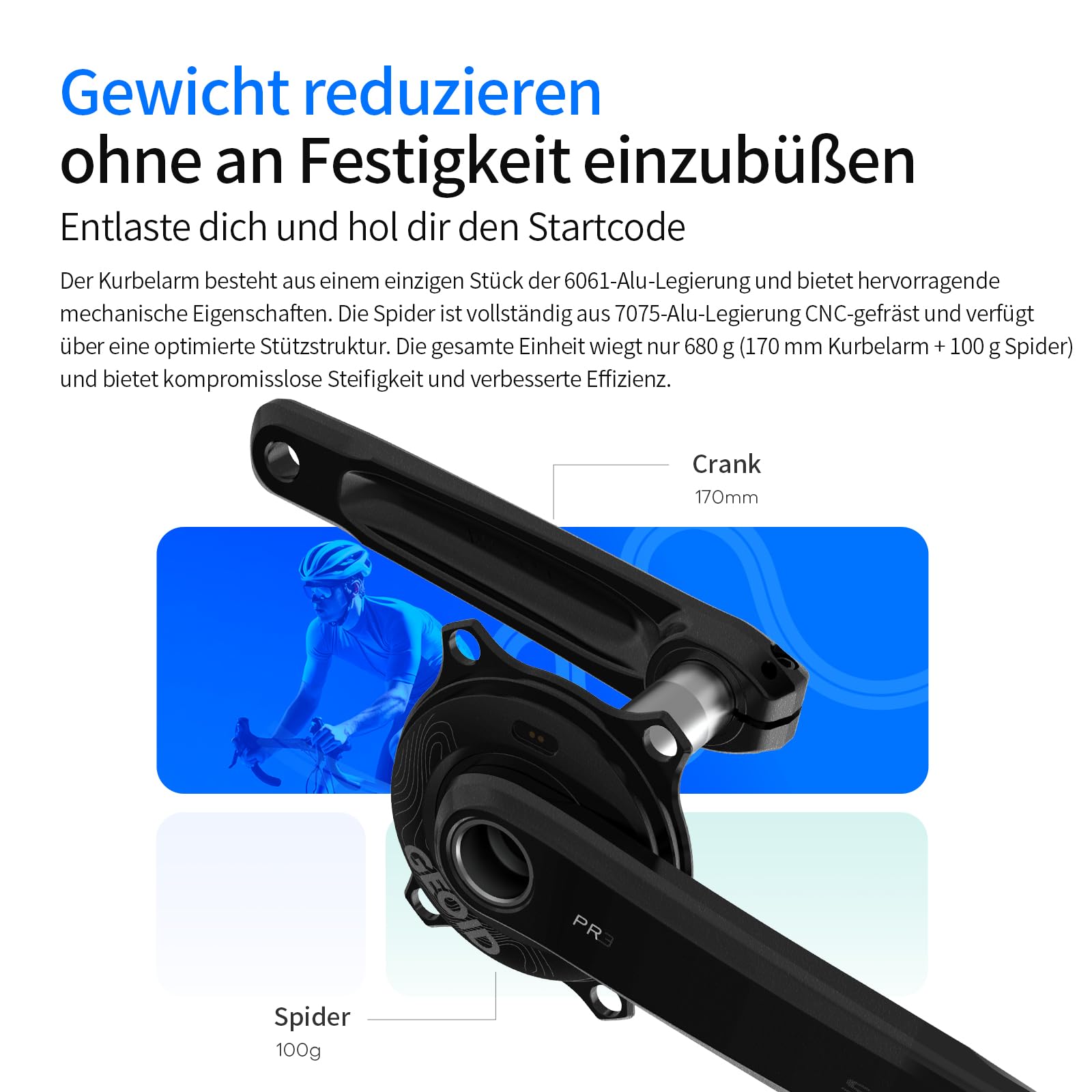 GEOID PM500 Leistungsmesser für Rennräder - Kurbelsatz Leichtbau 680g mit Präzision ±1,5%, Akku 300 Stunden, 110 BCD, Bluetooth/ANT+, IPX7 Wasserdicht