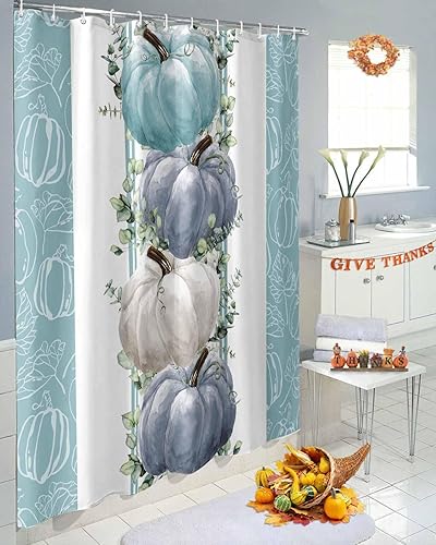 Miniatura 5 de Cortinas de ducha de otoño para baño con temática de Acción de Gracias, cortina de ducha de calabaza de tela con ganchos, juego de cortinas de ducha