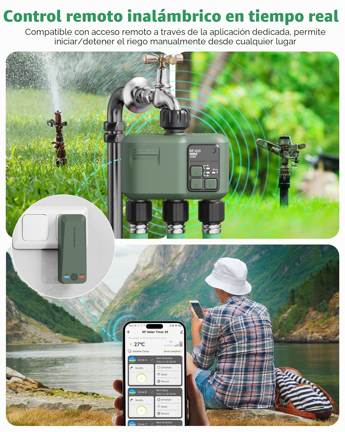 Programador de Riego WiFi+RF433 3 Salidas Automatico y en Poco Tiempo Flexible Temporizador con Riego Retrasado por Lluvia para Mangueras Jardin