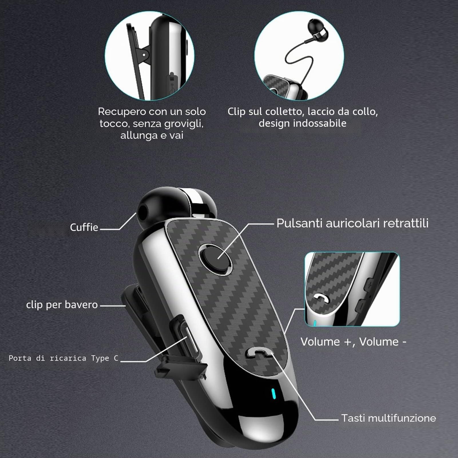 Bewinner Cuffie Bluetooth Cuffie Senza Fili con Archetto da Collo con Auricolari Retrattili, Clip per ID Chiamante con Vibrazione Multifunzione Auricolari Sportivi Senza Fili per Lo Sport