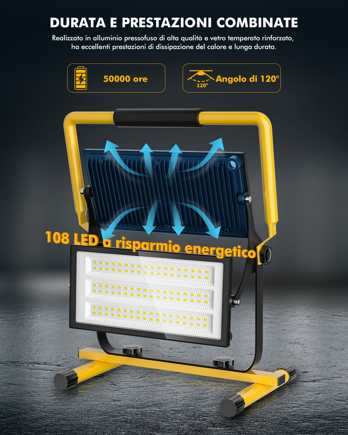 Faretto Led da Cantiere 200W 20000LM Faretti area di lavoro Faro LED Esterno - IP66 Impermeabile Portatile Proiettori con Spina e Staffa, Rotazione 360° Lampada per Edilizia Garage Officina