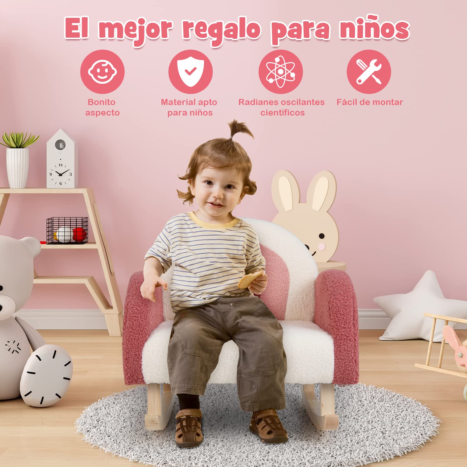 COSTWAY Silla Mecedora Infantil, Sillón Moderno con Patas de Madera de Álamo para Niños de 3 a 5 Años, Antivuelco, Bonito Sofá Individual Tapizado para Guardería, Sala de Juegos (Rojo)