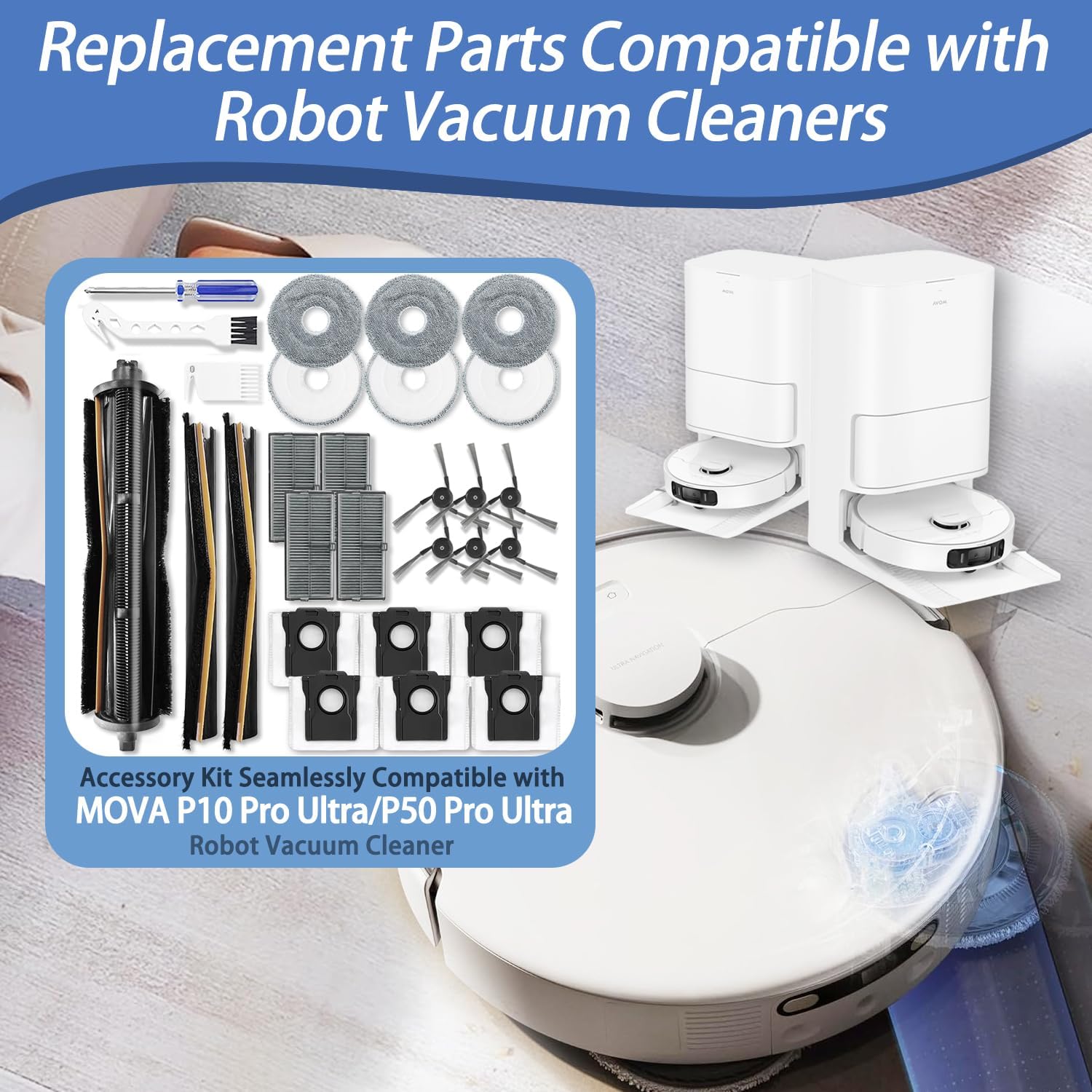 Replacement Accessories Kit Compatible with Mova P10 Pro Ultra/P50 Pro Ultra Robot Vacuum Cleaner Parts,Include 1 Tri-Cut Detangling Roller Brush,4 Filters,6 Side brushes,6 Mop Pads,6 Dust bags