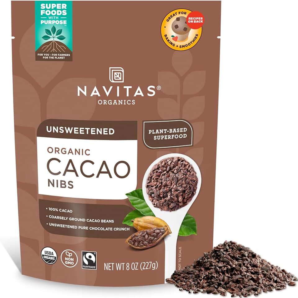 Navitas Organics Cacao Nibs – Unsweetened Dark Chocolate Crunch – Antioxidants, Minerals, Fiber – For Trail Mix, Baking & More – USDA Organic, Fairtrade, Non GMO, Gluten Free, Non-alkalized (8oz. Bag 76 Servings) USDA Organic
