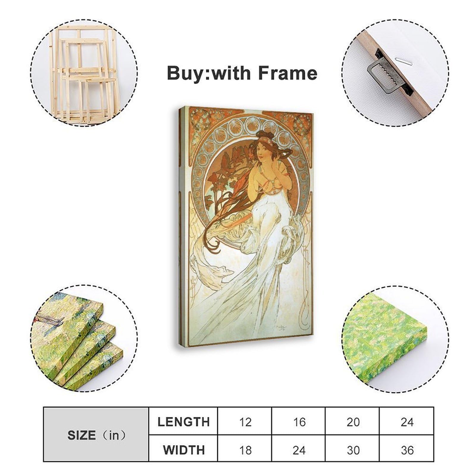 Poster musicale con illustrazioni famose di Alphonse Mucha per l'estetica della stanza, poster artistico da parete su tela e cornice da 61 x 91,4 cm