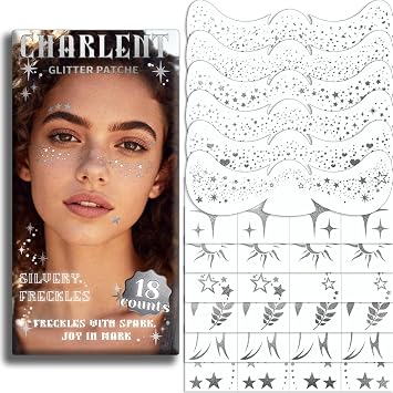 CHARLENT Glitter Silver Freckles Face Tattoos - 36PCS | Sparkle Freckles Temporary Makeup Patches for Women Parties, Festivals,Daily Makeup Accessories