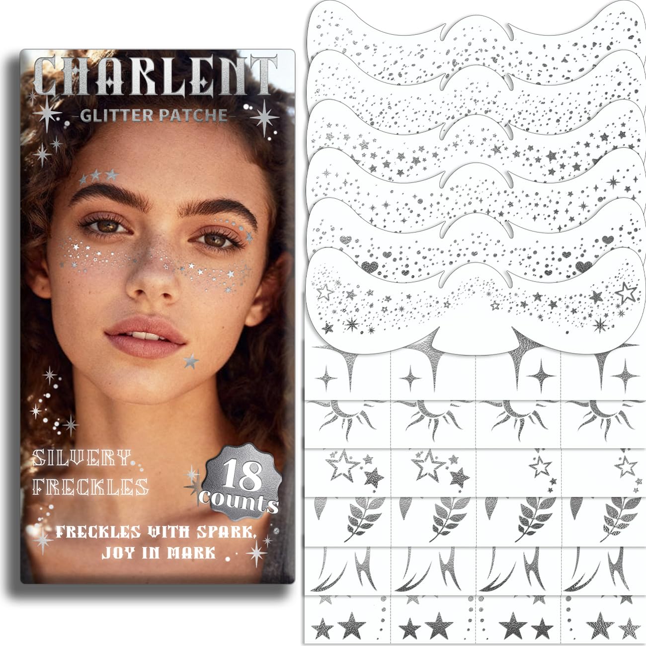 CHARLENT Glitter Silver Freckles Face Tattoos - 36PCS