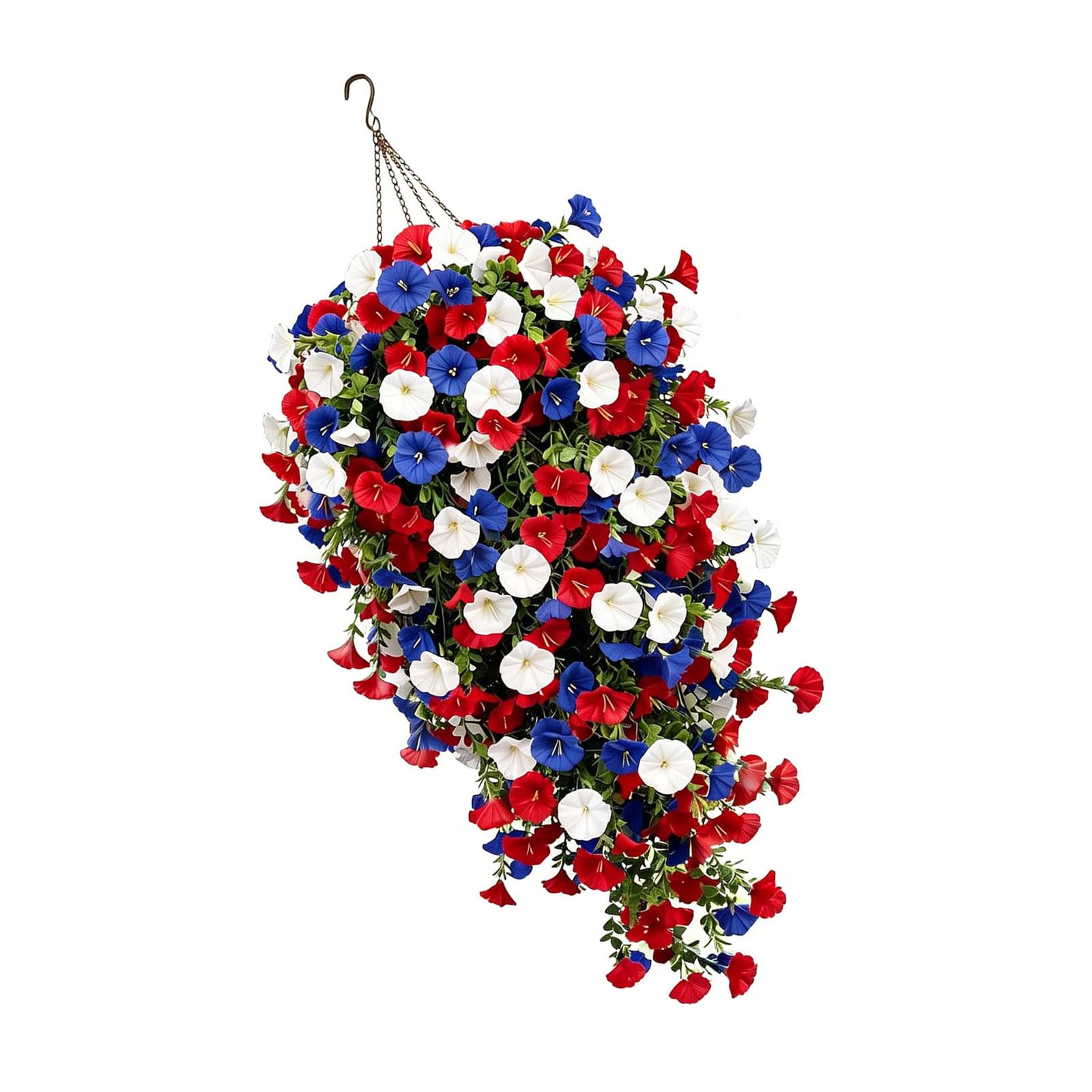 Kfwfuaee White Blue Artificial Hanging Flowers Outdoor with Basket 250th Anniversary Patriotic Fake Flowers for 4th of July Memorial Day
