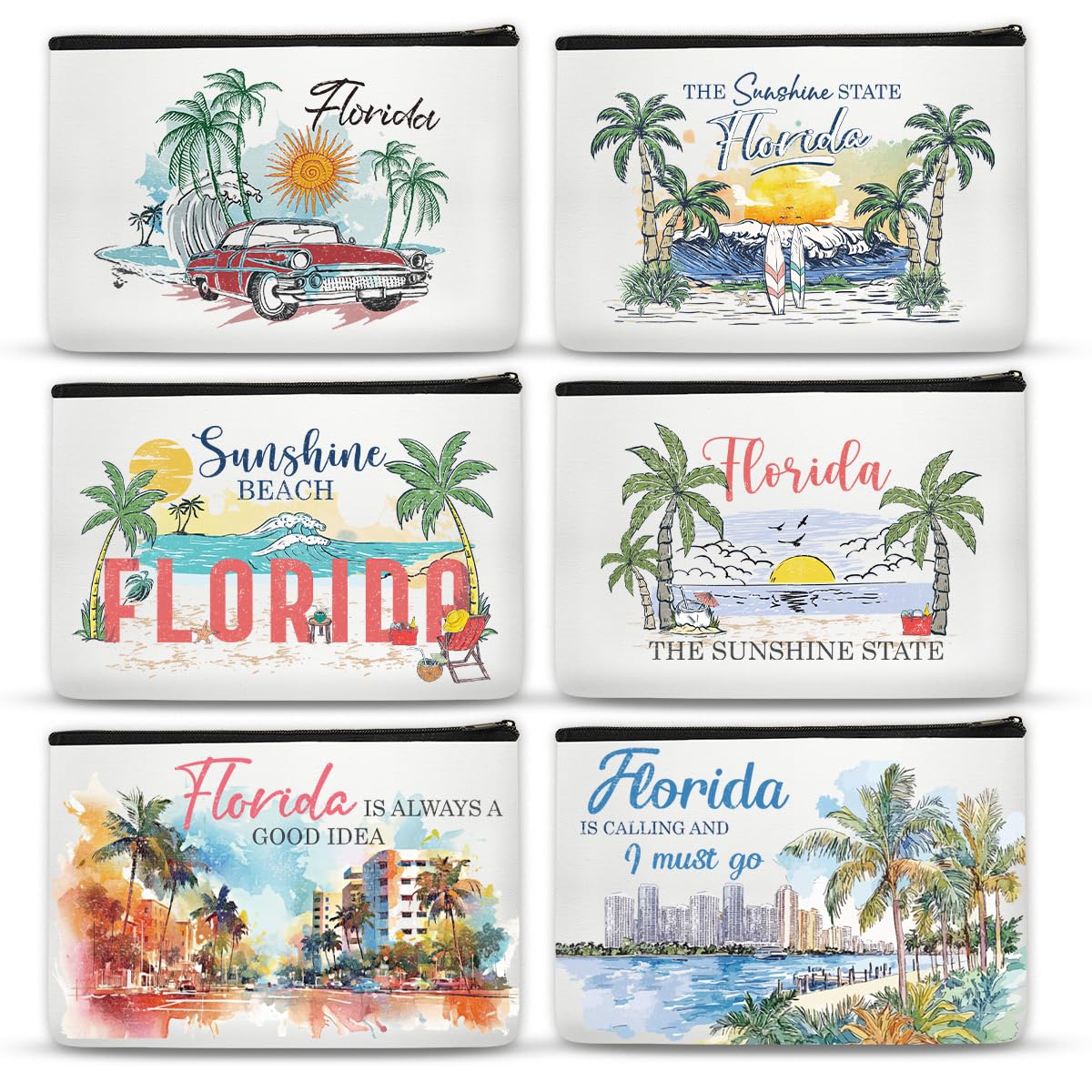 SEAOYOZO 6 Pcs Florida Makeup Bag Gifts for Women Florida Themed Souvenirs, Travel Vacation Gift Cosmetic Zipper Bag for Her Teacher Mom Sister