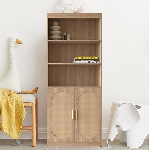 SSLine Gabinete bohemio de ratán para oficina en casa de 71 pulgadas de alto, estantería de madera con 3 puertas decorativas de ratán y 3 estantes