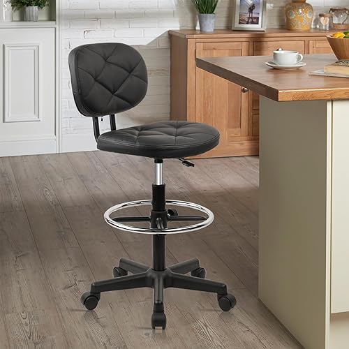 Miniatura 8 de Taburete rodante de piel sintética con reposapiés y soporte para la espalda, silla de dibujo tapizada de diamante ajustable con ruedas, silla de