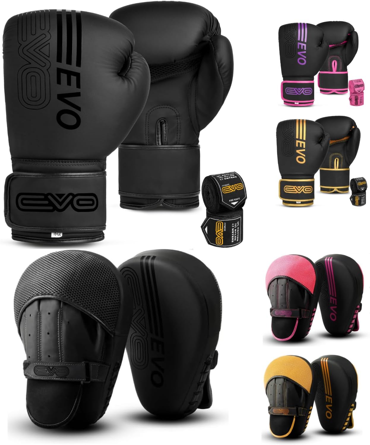 EVO Fitness Matte Black Boxing Gloves and Pads Set Punching Focus Mitts Hook and Jab Hand Target Strike Shield Training Sparring MMA Martial Arts Muay Thai Kickboxing Karate Men Women