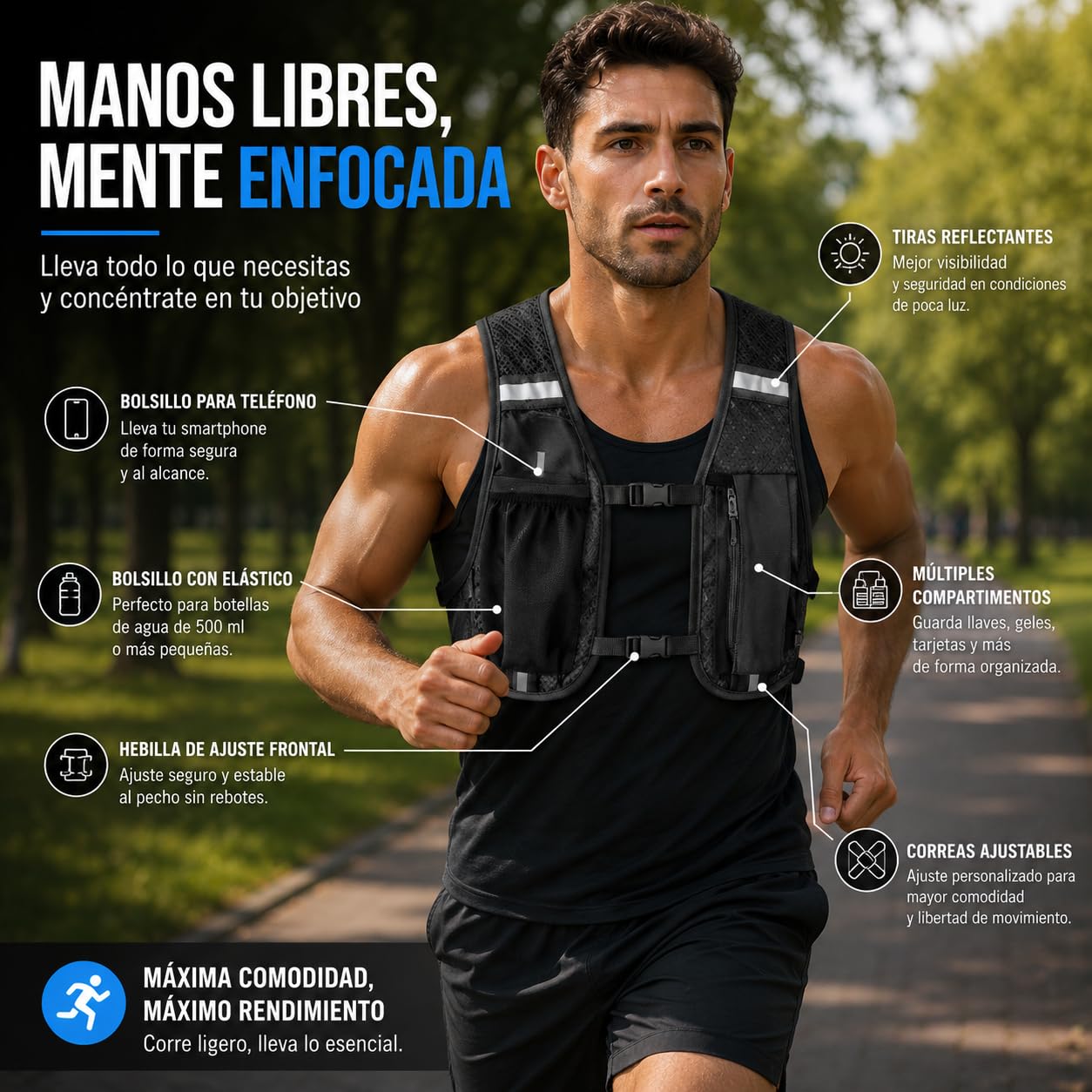 Chaleco Running Hombre Mujer con Botella 250 ml, Chaleco Hidratación Trail Running Ultraligero, Mochila Running Transpirable con Bolsillo para Móvil y Ajuste Reflectante para Correr