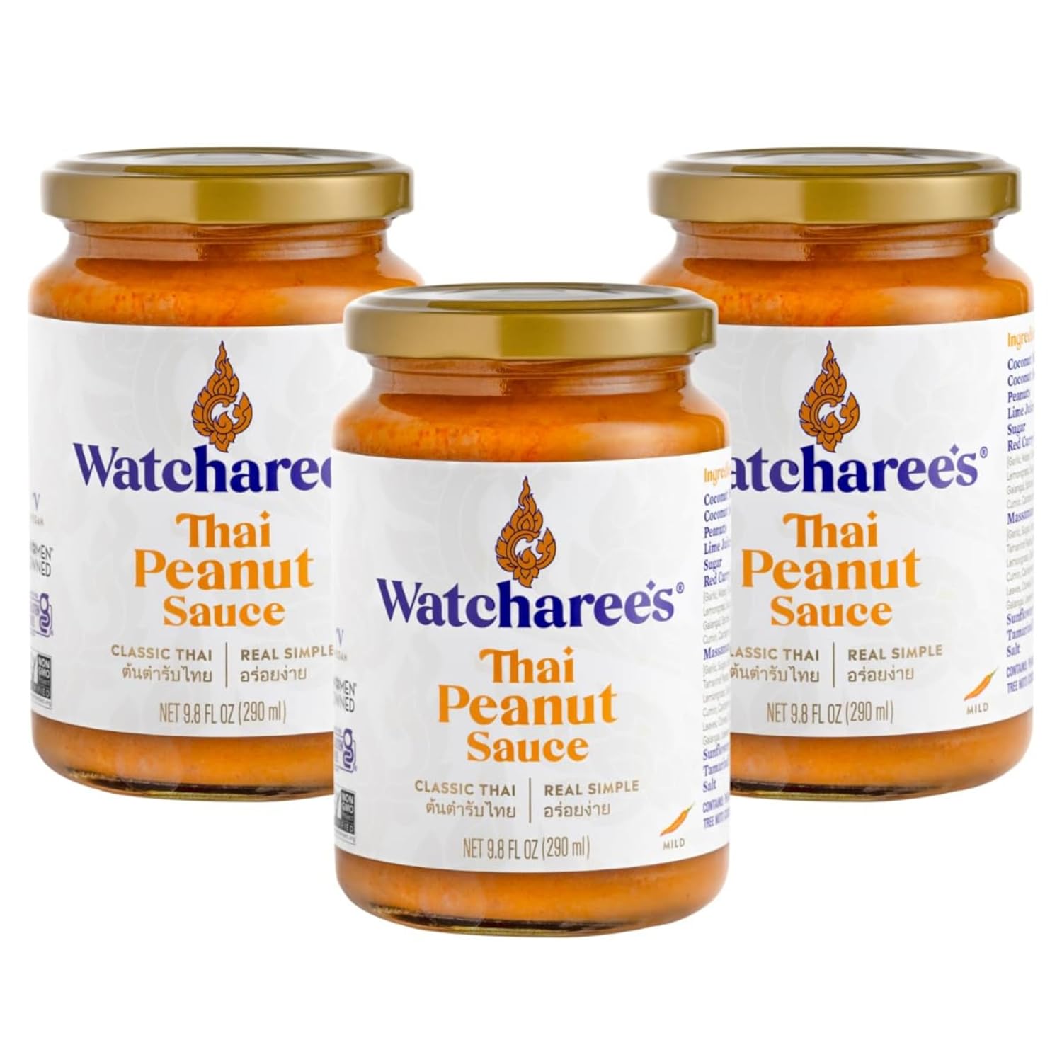 Watcharee‘s Thai Favorites Sauce - Thai Peanut | Authentic Thai Stir Fry Sauce, Vegan, Non-GMO, Gluten-Free - Pack of 3, 9.8 fl oz Per Jar