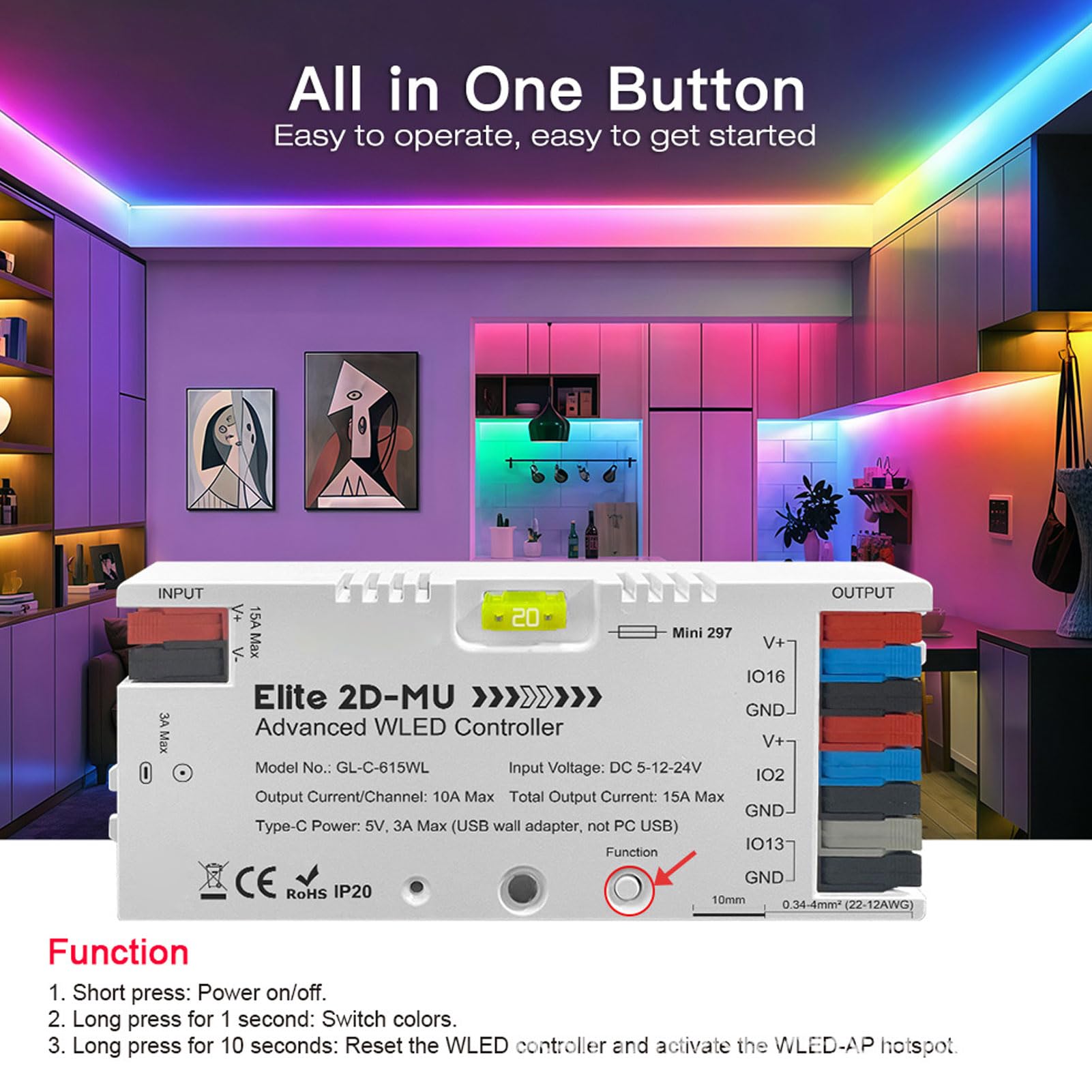 Bewinner LED-Streifenlicht-Controller mit über 100 Dynamischen Effekten, Adressierbarer RGB-IC-LED-Controller mit Musiksynchronisation, 20 A 5 A, Kompatibel mit WS2812 SK6812 WS2815