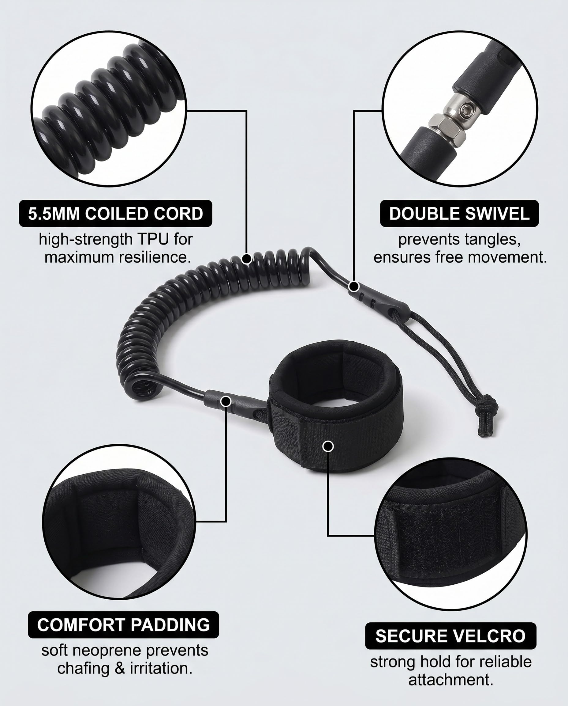 Corda Traino SUP & Kayak 1 Pz Nero 5,5 mm – Fibra Sintetica Resiliente al Sale, Design Anti-Attorcigliamento per Controllo Rapido in Onda e Recupero Sicuro