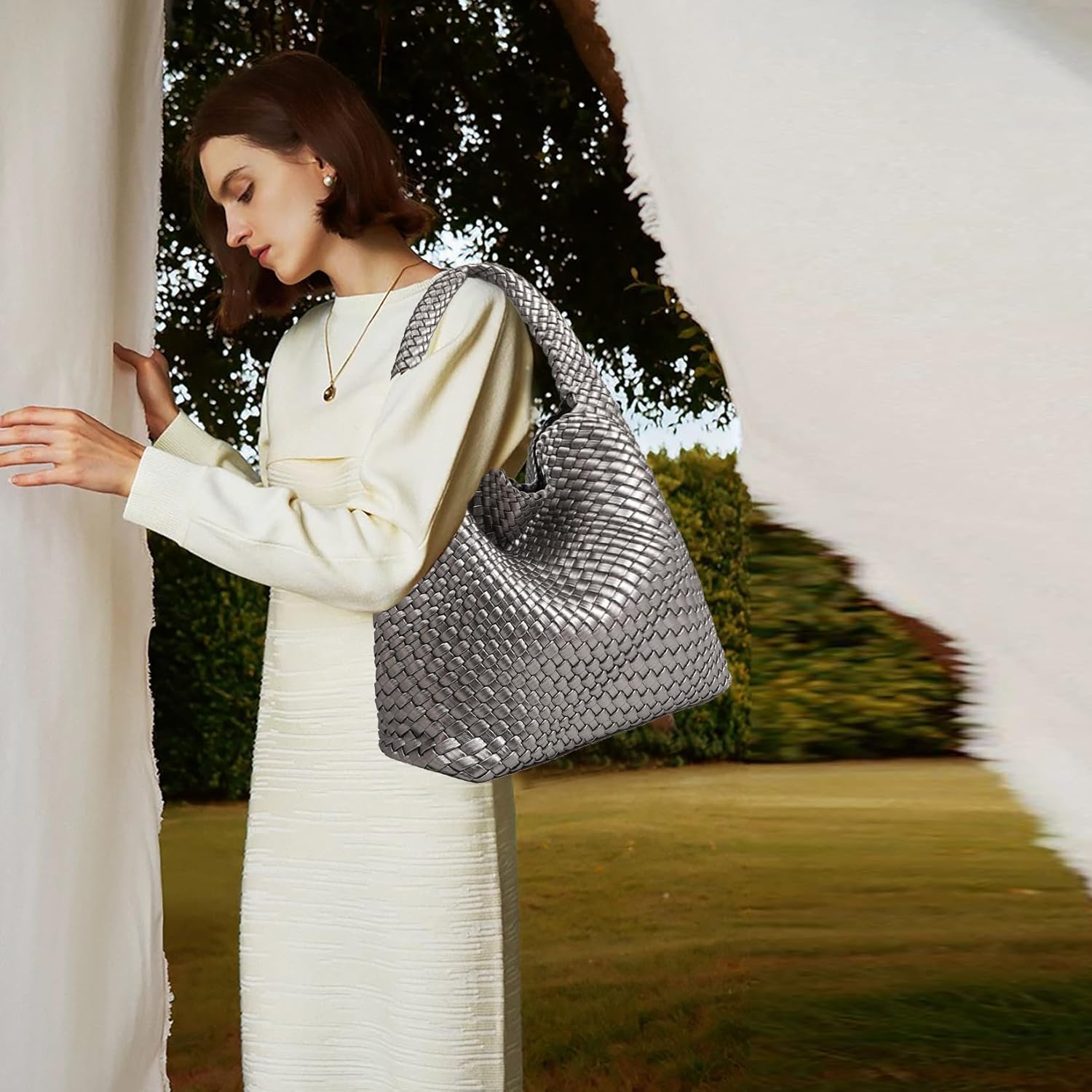 Women Vegan Leather Hand-Woven Tote Handbag Fashion Shoulder Top-handle Bag All-Match Underarm Bag with Purse - Image 3