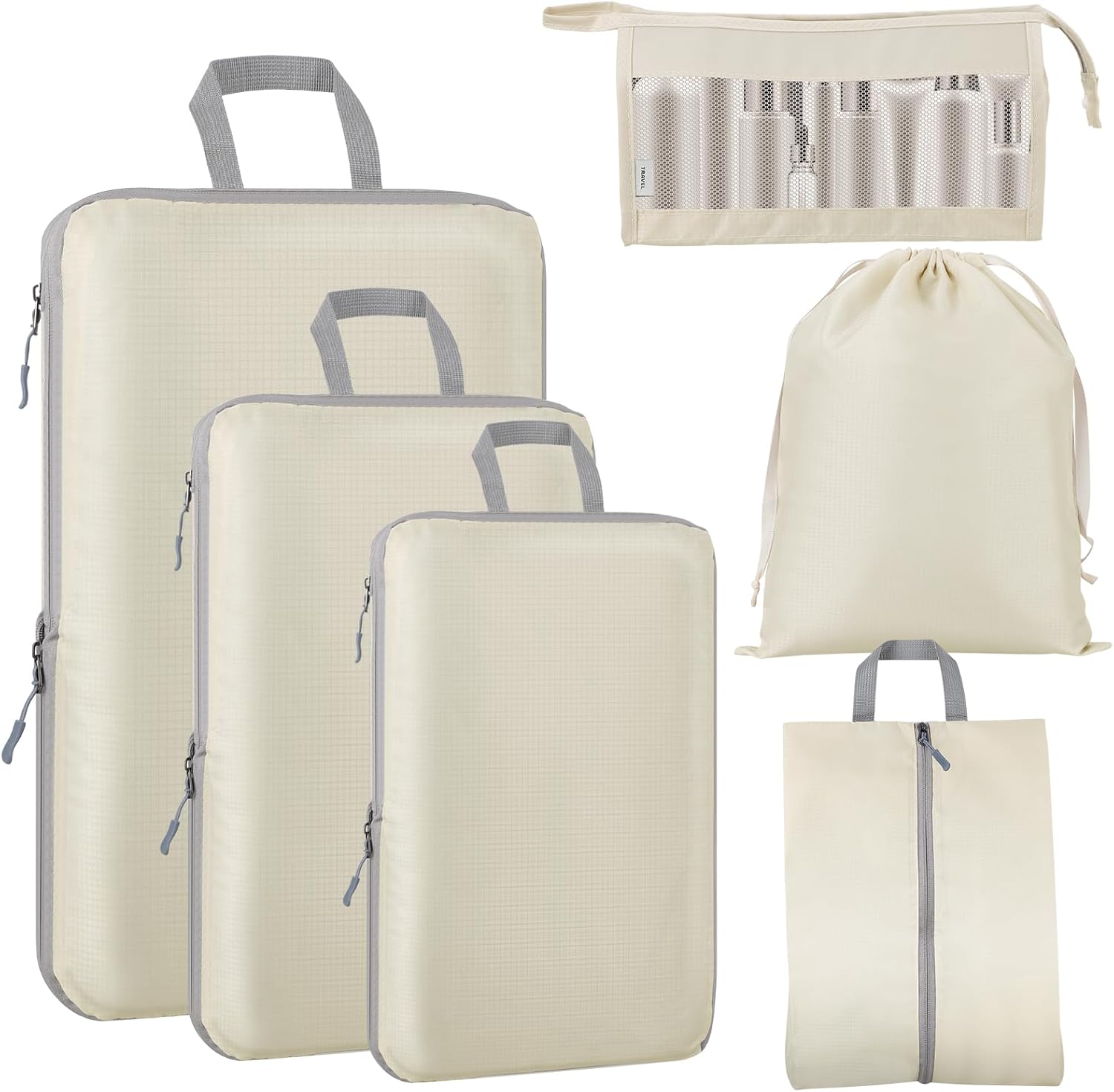 Compression Packing Cubes – GEEDIAR 6 PCS Packing Cubes for Suitcases, Extensible Suitcase Organiser Bags Travel Luggage Organiser Set for Suitcase Backpack Travel Essentials or Home Storage (Beige)