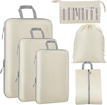 Compression Packing Cubes - GEEDIAR 6 PCS Packing Cubes for Suitcases, Extensible Suitcase Organiser Bags Travel Luggage Organiser Set for Suitcase Backpack Travel Essentials or Home Storage Beige
