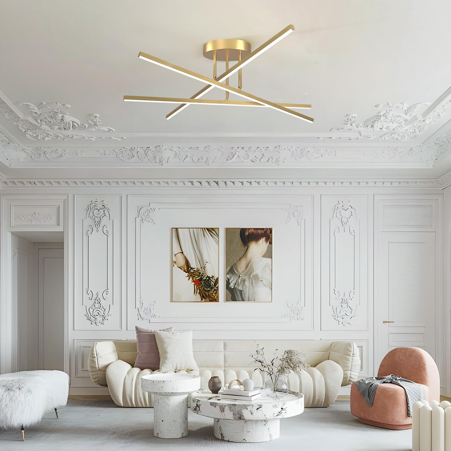 Modern Gold LED Ceiling Light Fixture Brass 3 Lights Semi Flush Mount Ceiling Light Sputnik LED Close to Ceiling Chandelier Mid Century Nordic Ceiling Lamp for Living Room Bedroom MCL07-3 GD