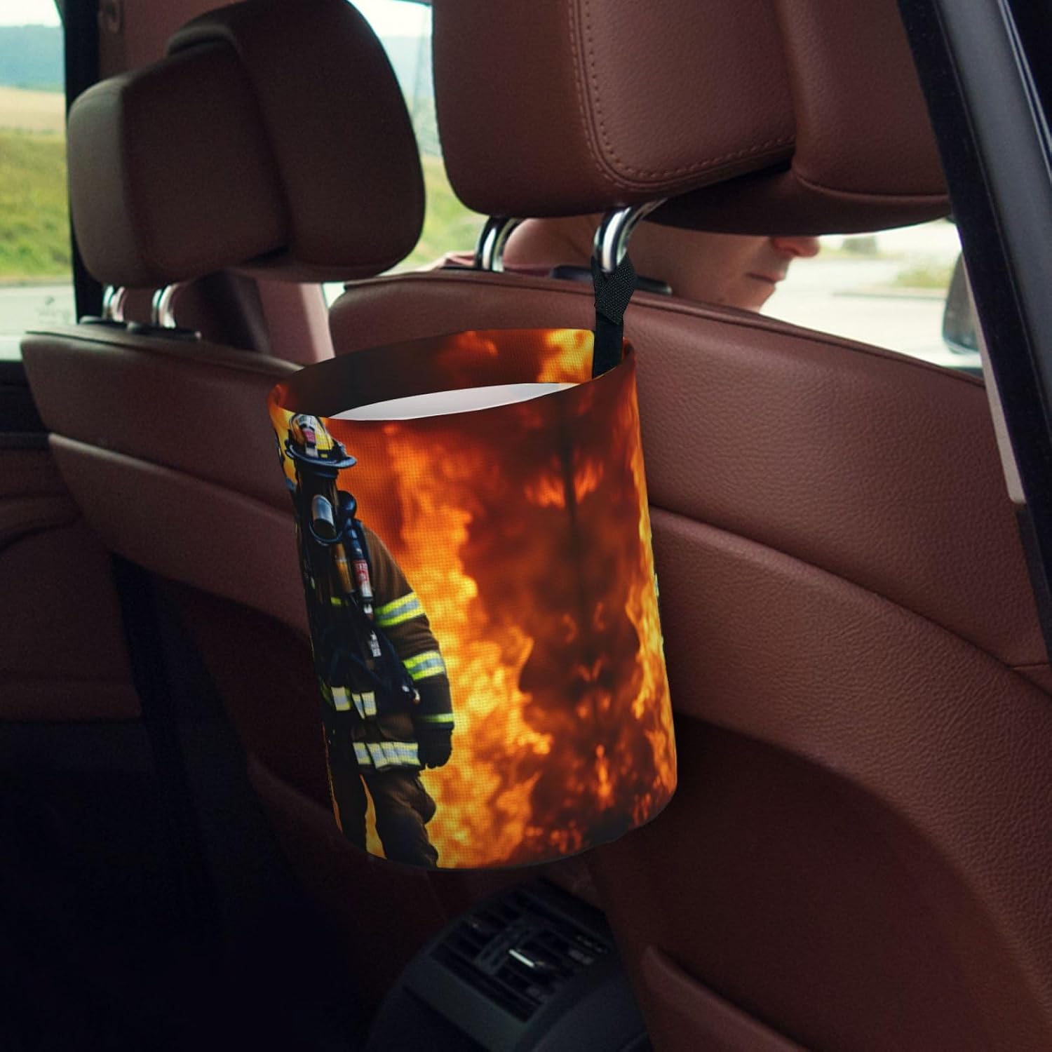 Firefighter Fireman Flame Print Foldable Car Trash Can,Hanging Car Garbage Can,Waterproof Car Garbage Bin, for Travel Camping
