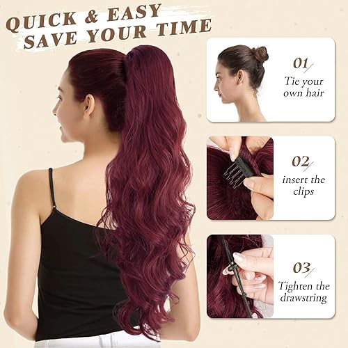 Miniatura 6 de BARSDAR Extensión de cola de caballo roja, 26 pulgadas de largo, ondulado, con cordón, extensiones de cabello sintético con cola de caballo roja,