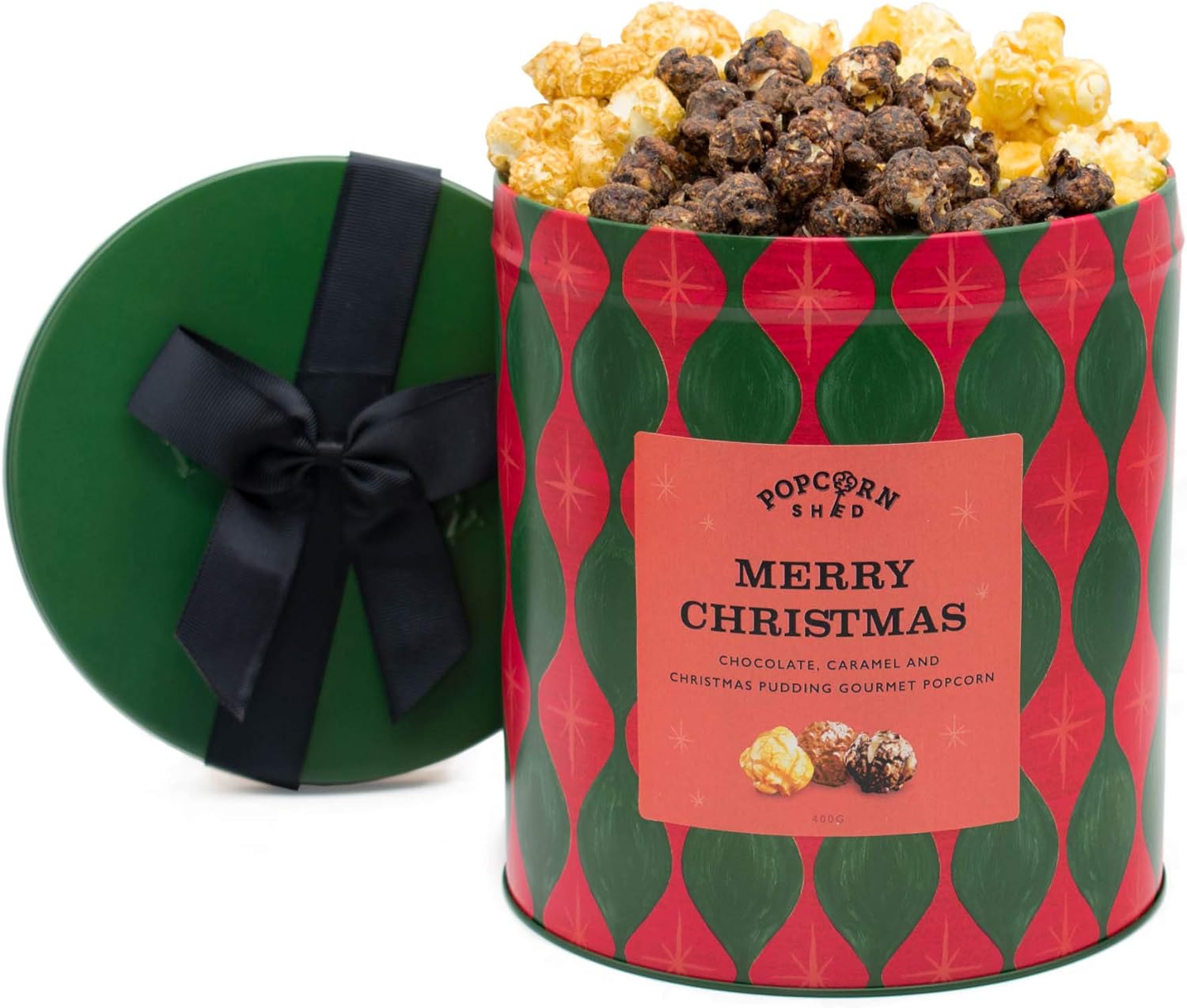 Popcorn Shed Merry Christmas Gourmet Popcorn Gift Tin, Ultimate Foodie Xmas Gift, Three Delicious Popcorn Flavours, Gluten Free, Vegetarian Gift, Red & Green, 400g
