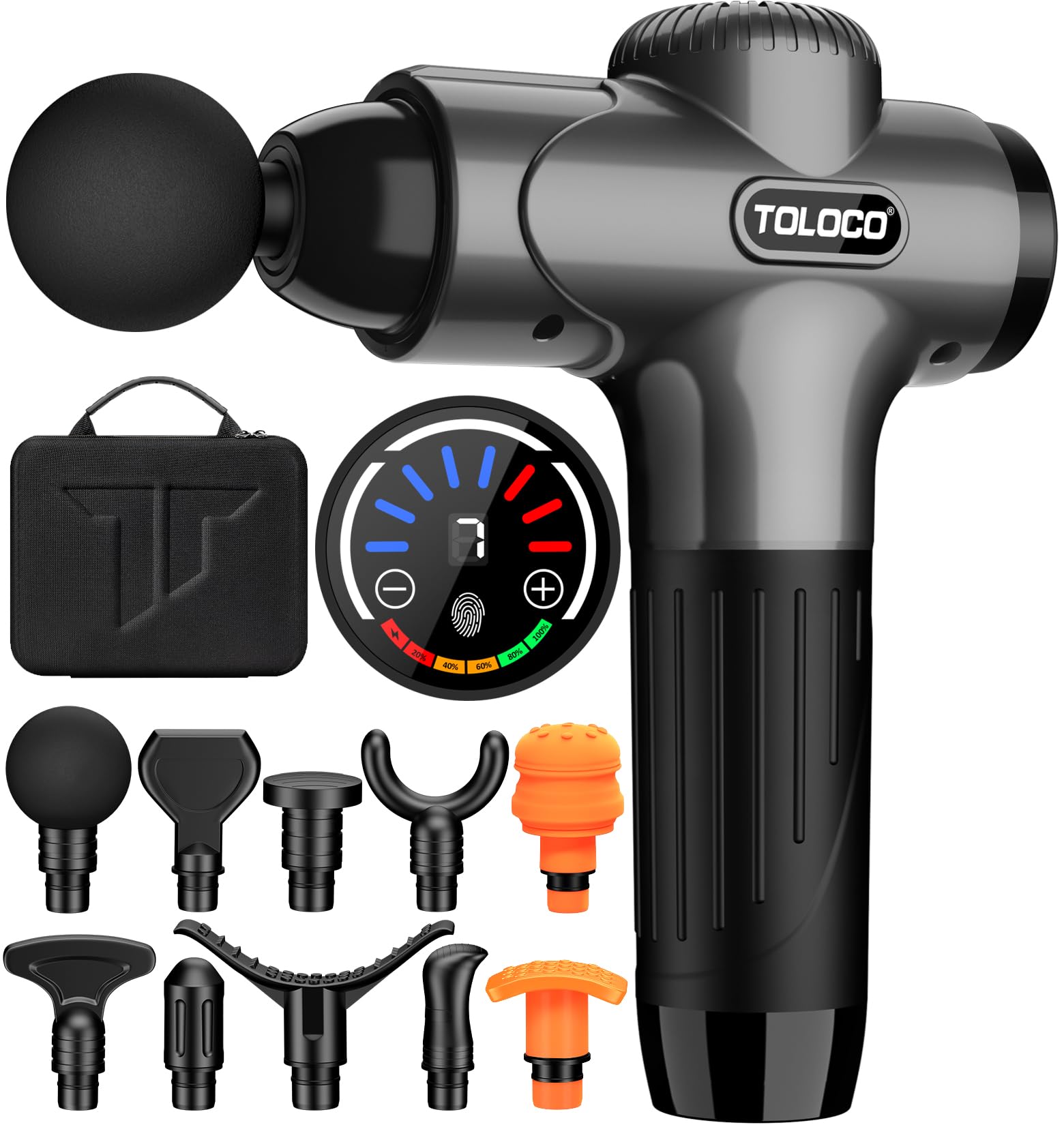TOLOCO Massage Gun, Muscle Massage Gun Deep Tissue, Percussion Massage Gun with 8 Replacement Heads, Super Quiet Portable Electric Massager for Athletes, Treatment, Relax, Grey