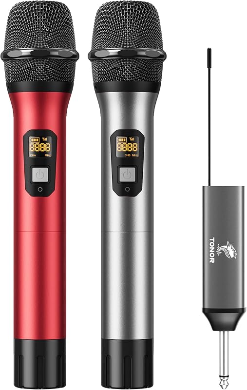 TONOR TW630 Vezeték Nélküli Mikrofon Szett - UHF Dupla Fém Dinamikus Rendszer Tölthető Vevővel, Karaoke, Esküvő, Rendezvény, 60m Hatótáv