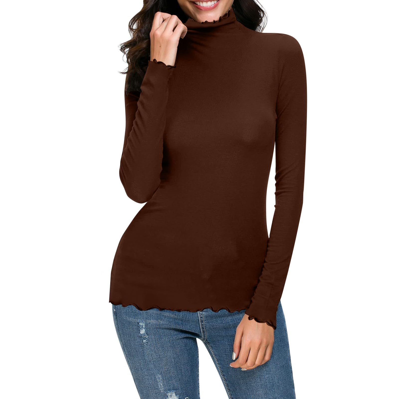 Camisetas térmicas para mujer, color marrón, camisetas de manga larga para mujer, camisetas básicas de cuello alto para mujer, camisetas de invierno de manga larga, camisetas elásticas para salir,