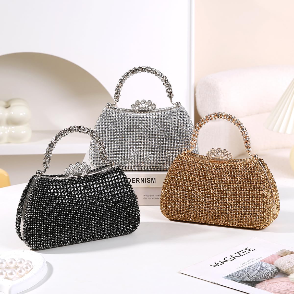 Dreubea Women's Beautiful Tote Evening Bag Fashion Shiny Rhinestone Clutch Handbag - Image 6