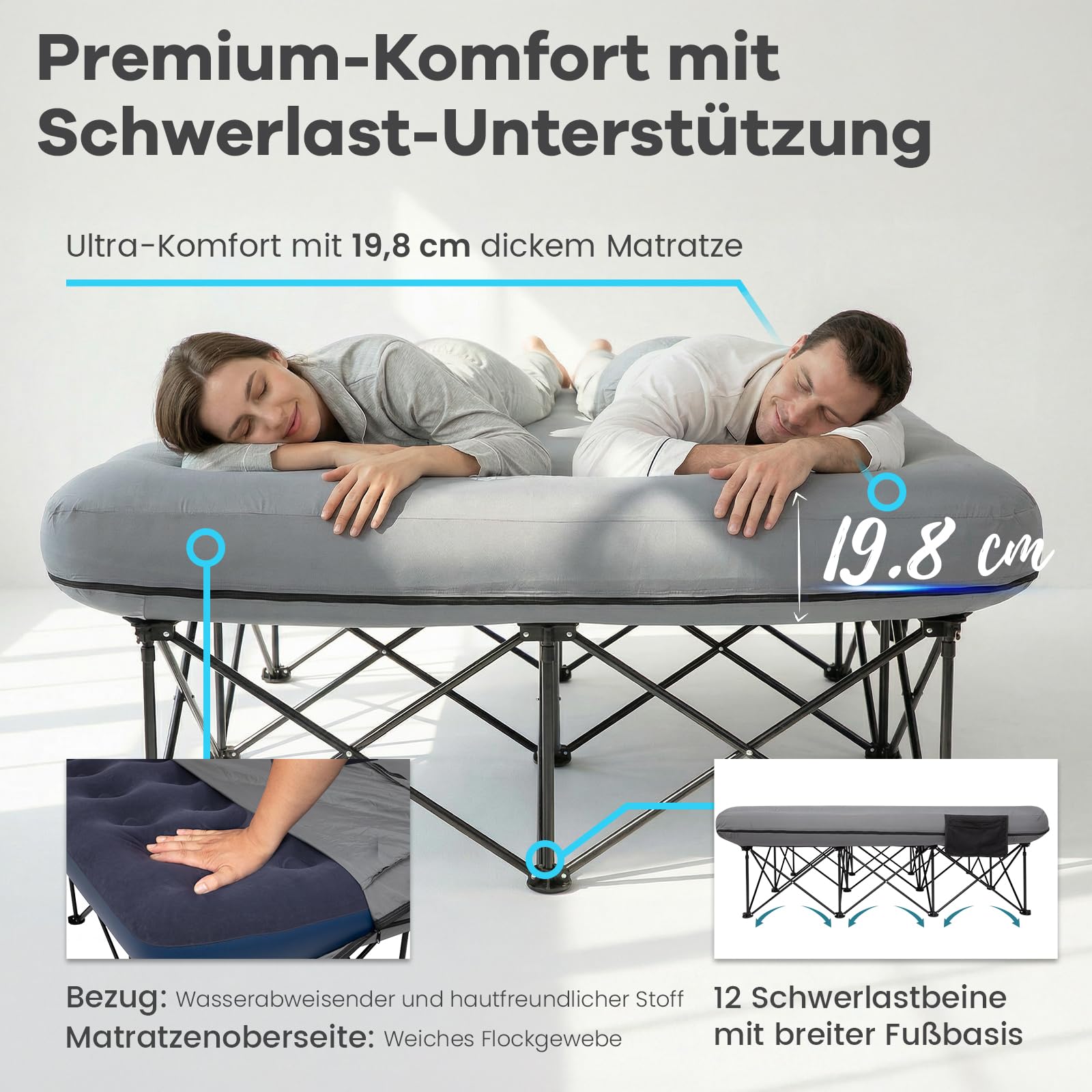 FUNDANGO Campingbett für 2 Personen mit elektrischer Pumpe, Luftmatratze mit klappbarem Gestell, tragbares Bett mit Getränkehalter & abnehmbarem Bezug, inkl. Tragetasche