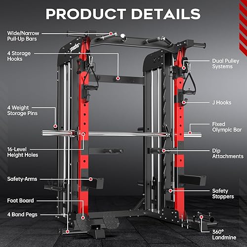 Miniatura 4 de Pooboo Jaula de potencia multifuncional, estante de sentadillas de 2000 libras, sistema de tracción LAT, sistema cruzado de cable de polea doble,