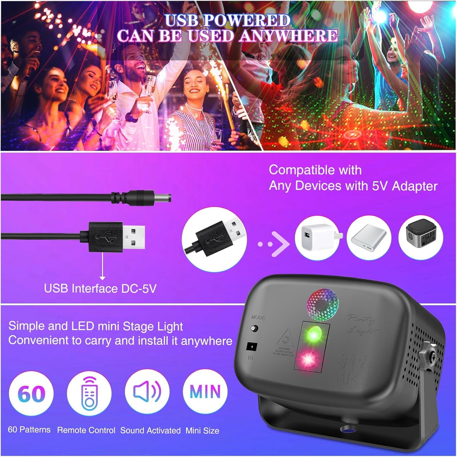 Luce da discoteca per feste Mini luce da discoteca con effetto stroboscopico con telecomando RGB con 60 effetti per club, feste per bambini, compleanni, matrimoni
