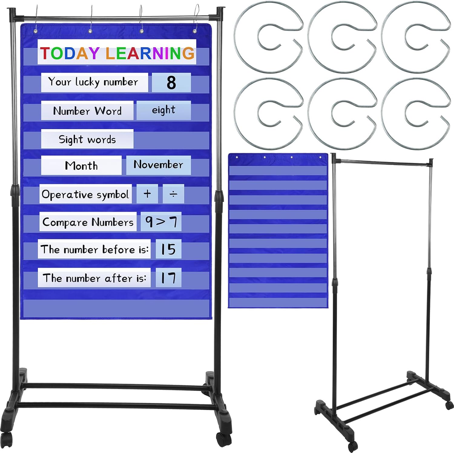8 Pcs Adjustable Pocket Chart Stand Set Include 1 Standard Pocket Chart 6 Replacement Rings and 1 Adjustable Stand for Classrooms Home Teacher Lessons Educational Tools(Blue)