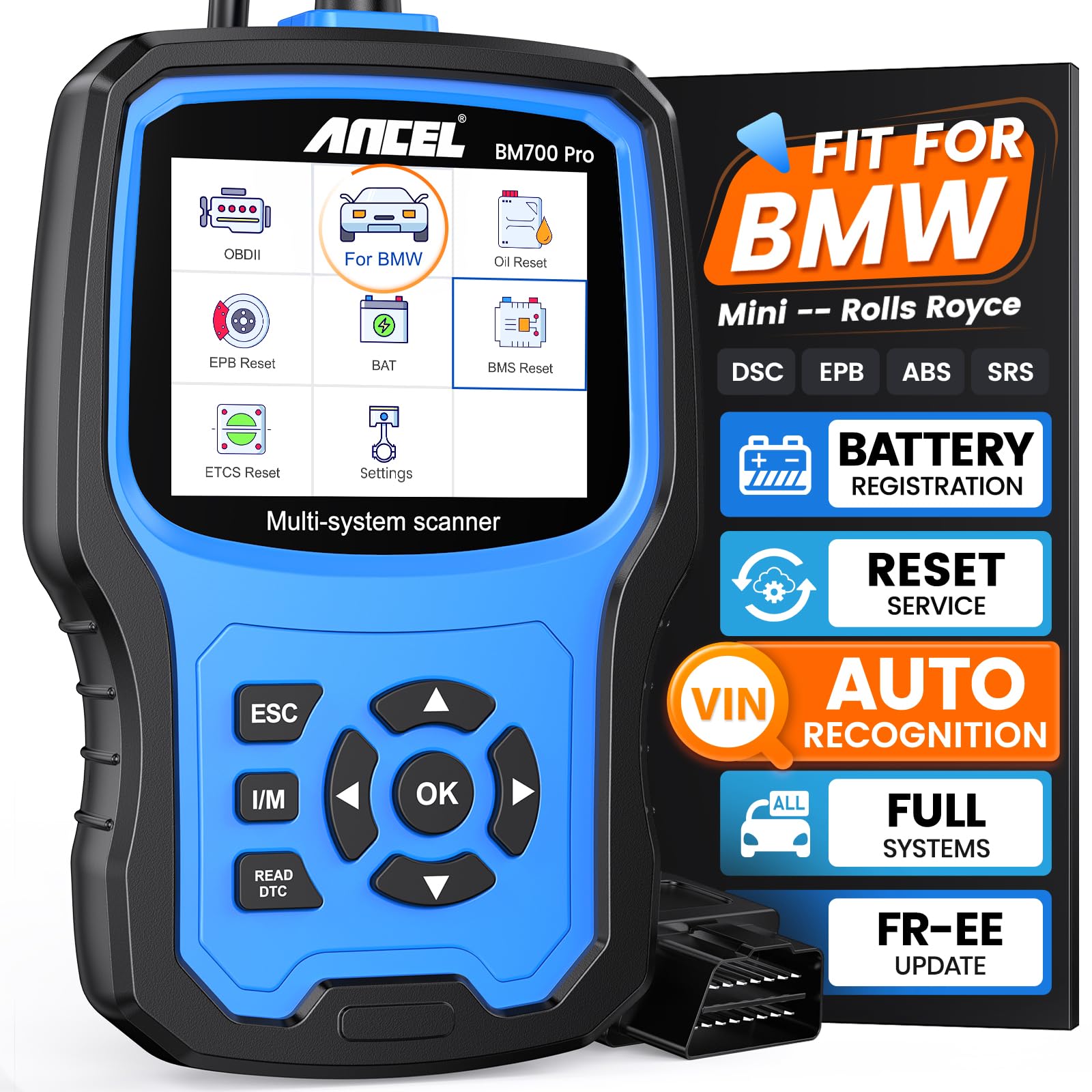 ANCEL BM700 PRO Fit for BMW OBD2 Scanner - Battery Registration Tool, Professional Code Reader for BMW/Mini/RR, Full System Diagnostic Tool with All Reset Services, AutoVIN