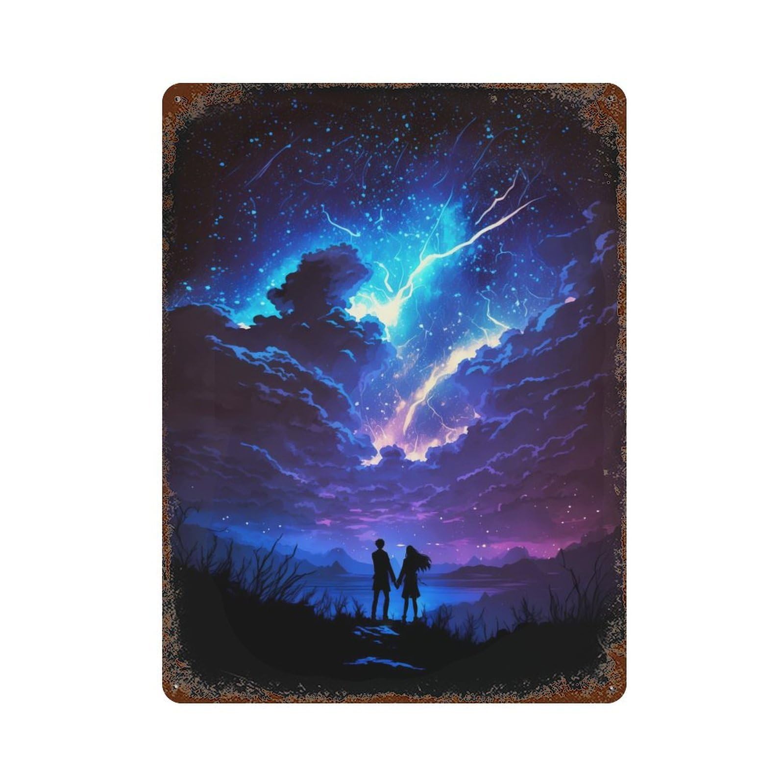 Rust Effect Thunder Couple Landscape Rusty Metal Tin Sign 15.7"x11.8", Rustic Home Decor for Living Room, Hallway And Home Decor