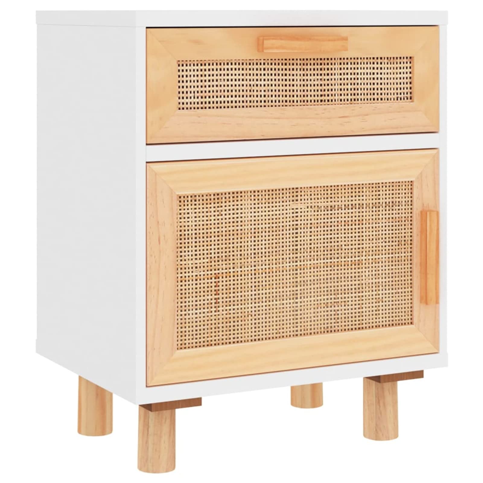 Homgoday Comodino in legno massello bianco e rattan naturale, 2 pezzi, comodino, comodino, tavolino per soggiorno, camera da letto, divano e tavolo