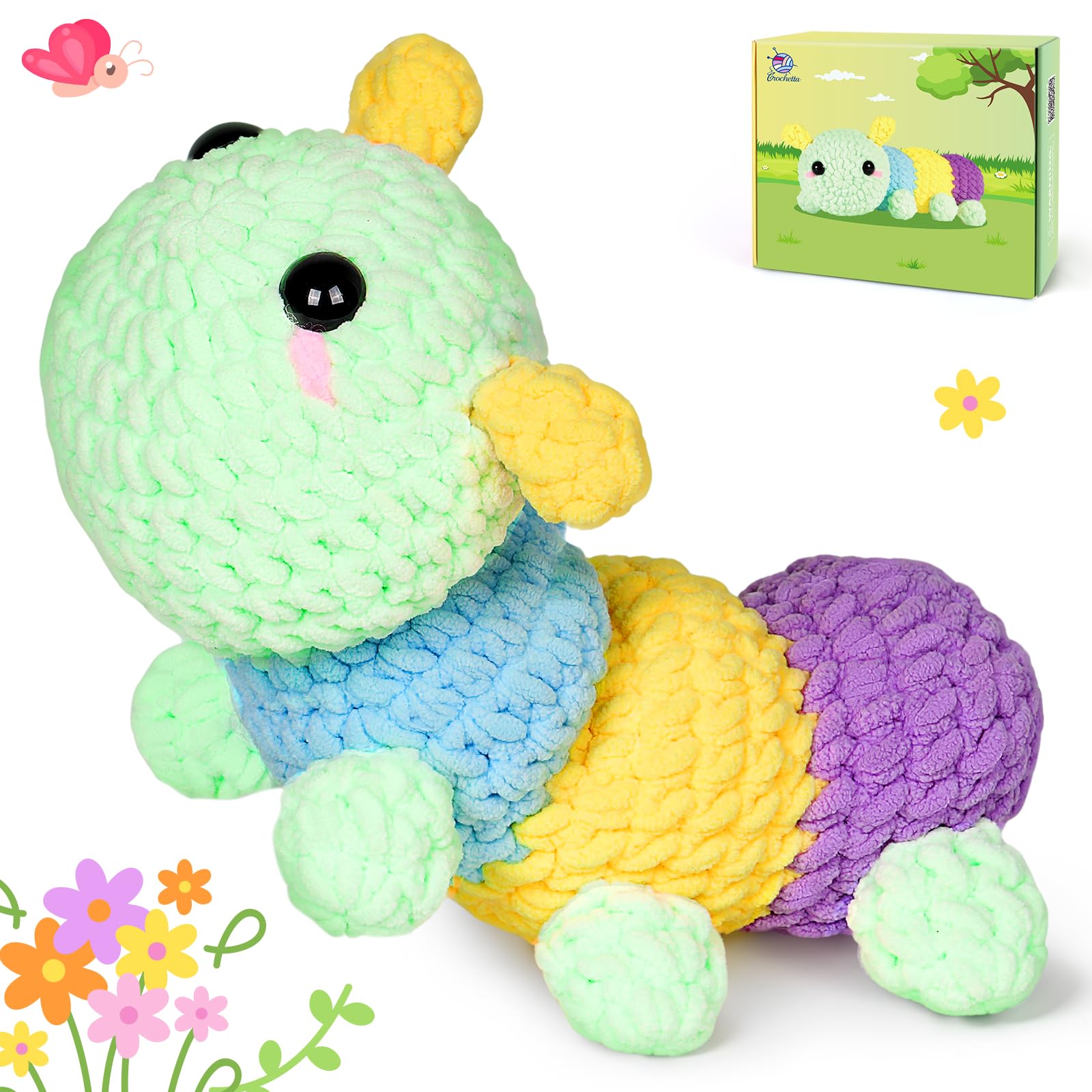 Crochet Kit for Beginners, Beginner Crochet Starter Kit for Adults with Step-by-Step Video Tutorials, Crochet Animal Kits for Kids, DIY Knitting Supplies, 1 Pack Caterpillar (40%+ Yarn)