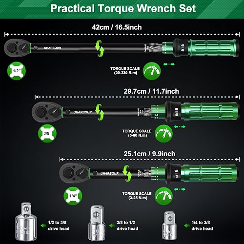 Uharbour Set di Chiavi Dinamometriche da 1/4", 3/8" e 1/2 Pollici, 3-25 Nm, 5-60 Nm, 20-230 Nm, Chiave Dinamometrica per Auto, Moto e Bicicletta con Adattatore 1/2", 3/8", 1/4", Precisione ±3% - 2