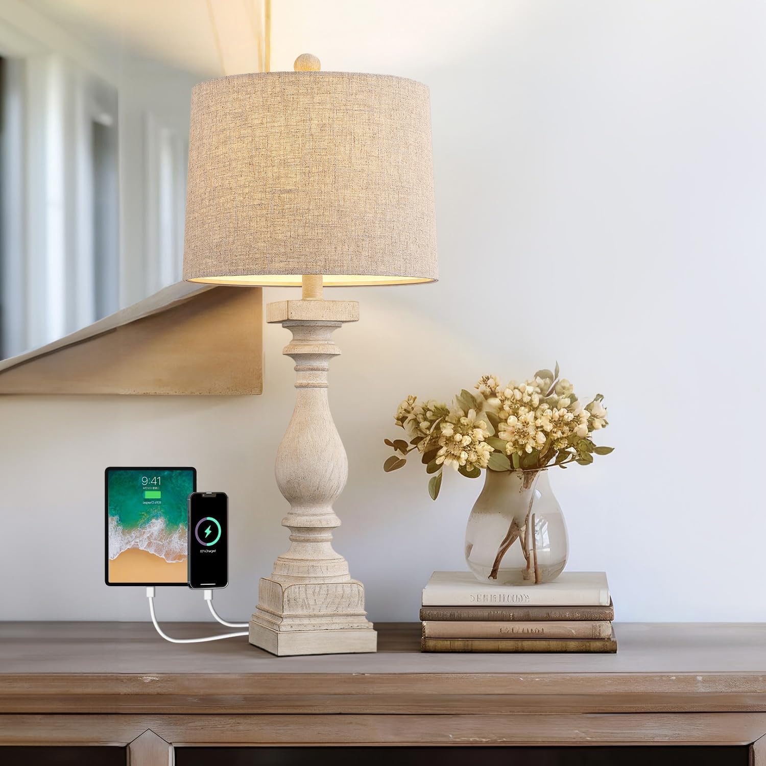 BOBOMOMO Puertos de carga USB retro de 27 pulgadas AC Wash-White Lámparas de granja para dormitorios, lámparas de mesa auxiliar, lámpara de noche