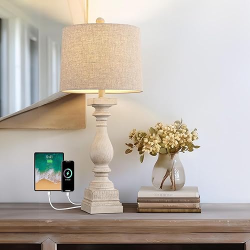 BOBOMOMO Puertos de carga USB retro de 27 pulgadas AC Wash-White Lámparas de granja para dormitorios, lámparas de mesa auxiliar, lámpara de noche