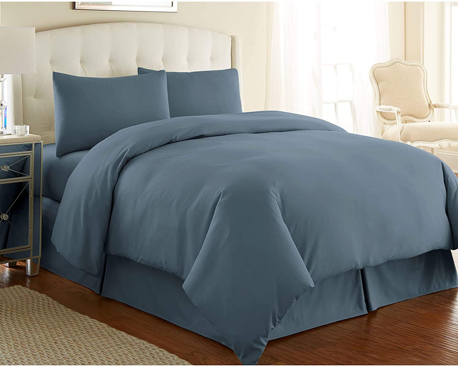 GMTEXTILE 100% Egyptian Cotton 200 TC Fitted Sheet, Flat Sheet, Pair of Pillow Cases, SIZE (Single Flat Sheet, Ocean Grey)