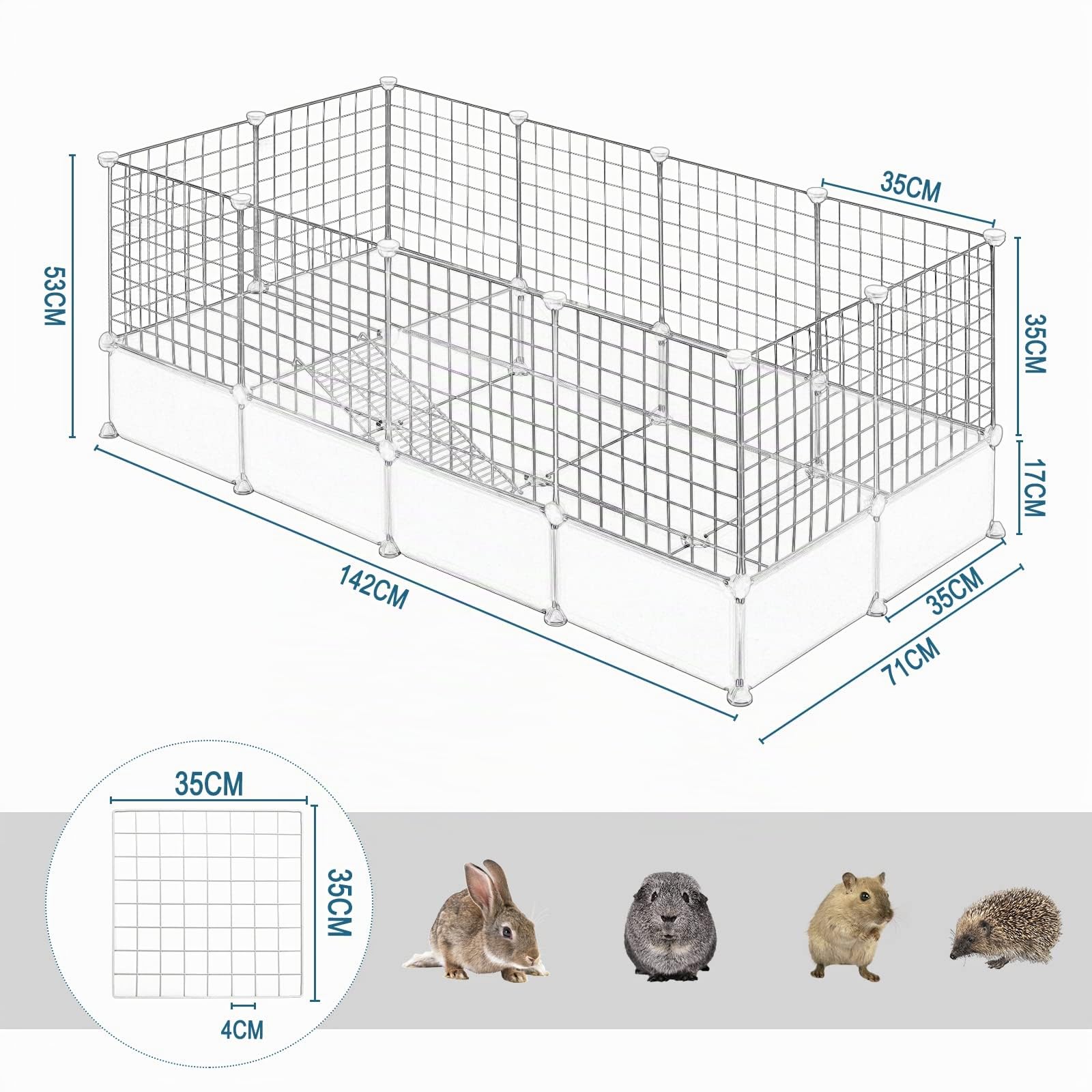 EUGAD Recinto per Conigli da Interno, Recinto per Animali con Fondo, DIY Recinzione per Animali di Piccola, Gabbia in Plastica 142x71x53cm Gabbia per Conigli Porcellino d'India Criceti Cuccioli