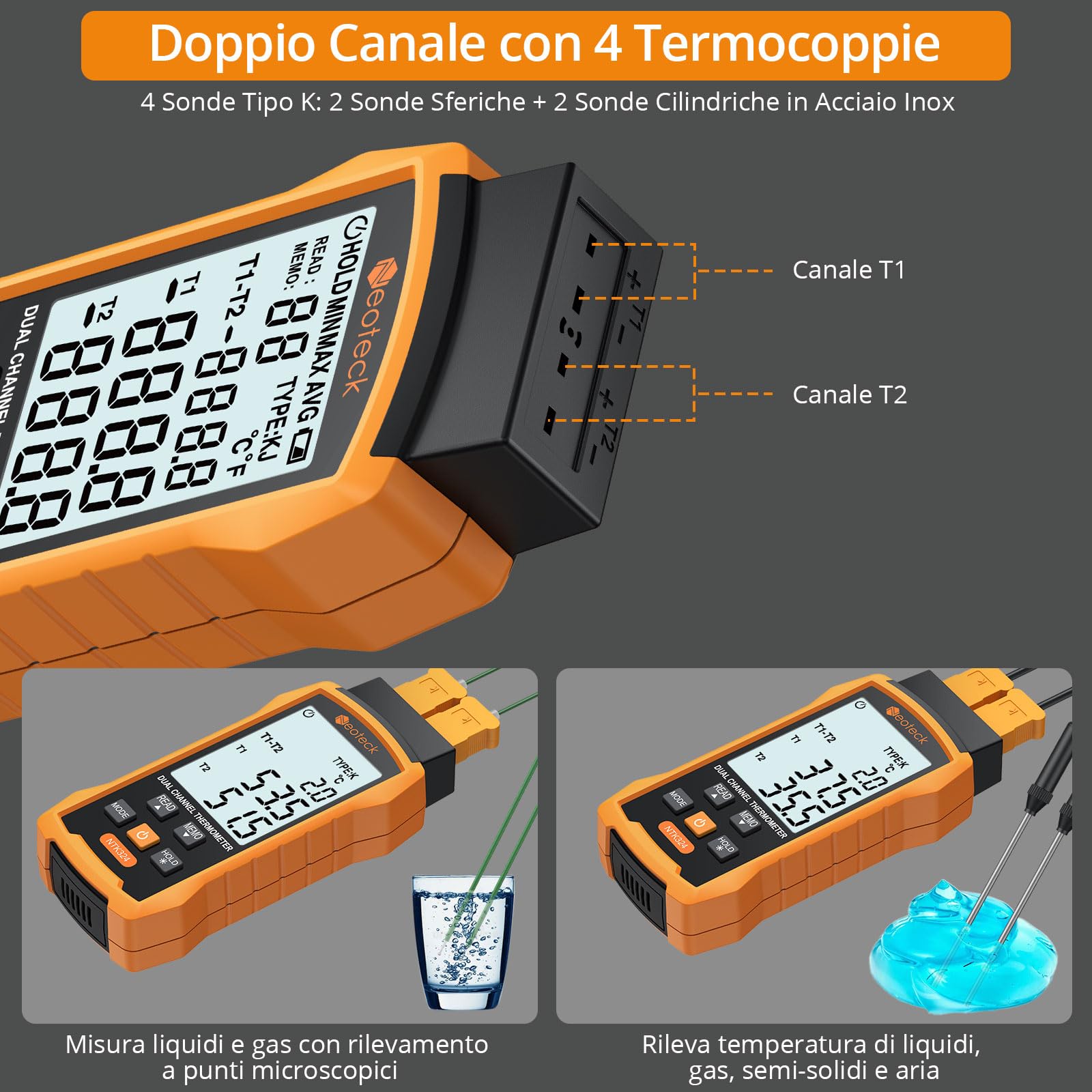 Neoteck Termometro a Doppio Termocoppia -50~1300℃ Digitale 2 Canali Tipo K/J con 4 Sonde, Memoria 99 Dati, Display LCD Retroilluminato per HVAC