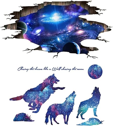 Amoda Adhesivos de pared 3D Stary Sky Star Wolf para decoración de habitación de la Vía Láctea cósmica, papel tapiz autoadhesivo extraíble para