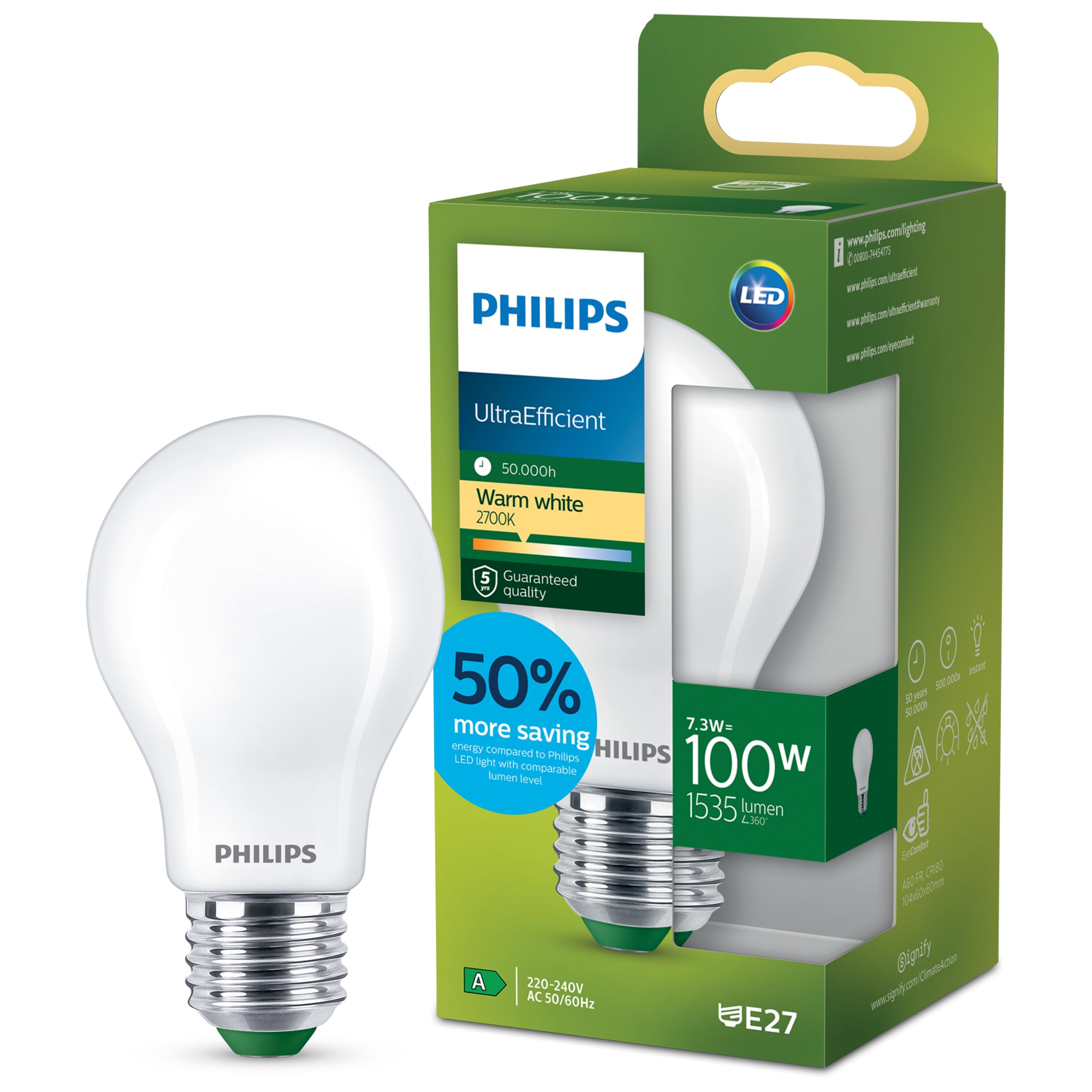 Philips LED Classic ultraeffiziente E27 Lampe (100 W), matte LED Lampe mit warmweißem Licht, energiesparende Lampe mit langer Nutzlebensdauer, Energieeffizienzklasse A