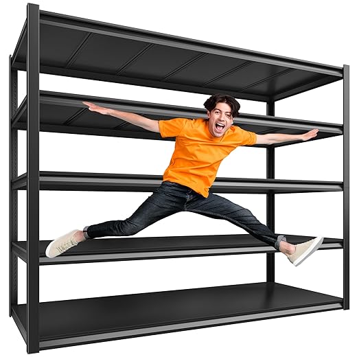 REIBII 48" Wide Garage Shelving Heavy Duty 72"H Garage Storage Shelves 3000LBS Heavy Duty Shelving Adjustable 5 Tier Metal Shelving for Garage Storage Shelving Industrial Shelving Storage Rack, Black